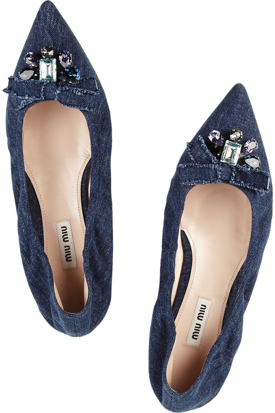 Lyst - Miu Miu Crystal-Embellished Denim Point-Toe Flats in Blue