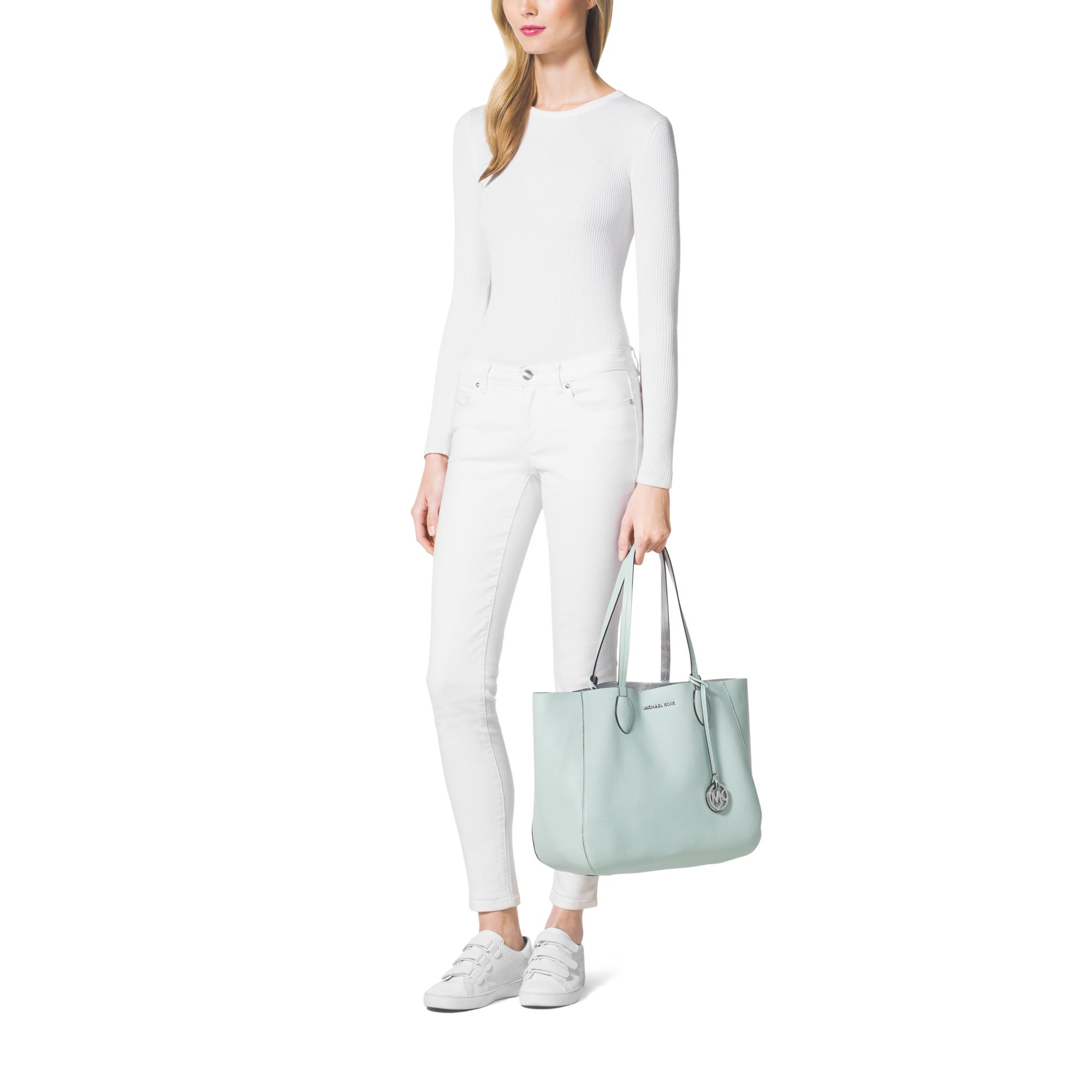 Lyst Michael Kors Mae Soft Leather Carryall Tote In Blue Gallery
