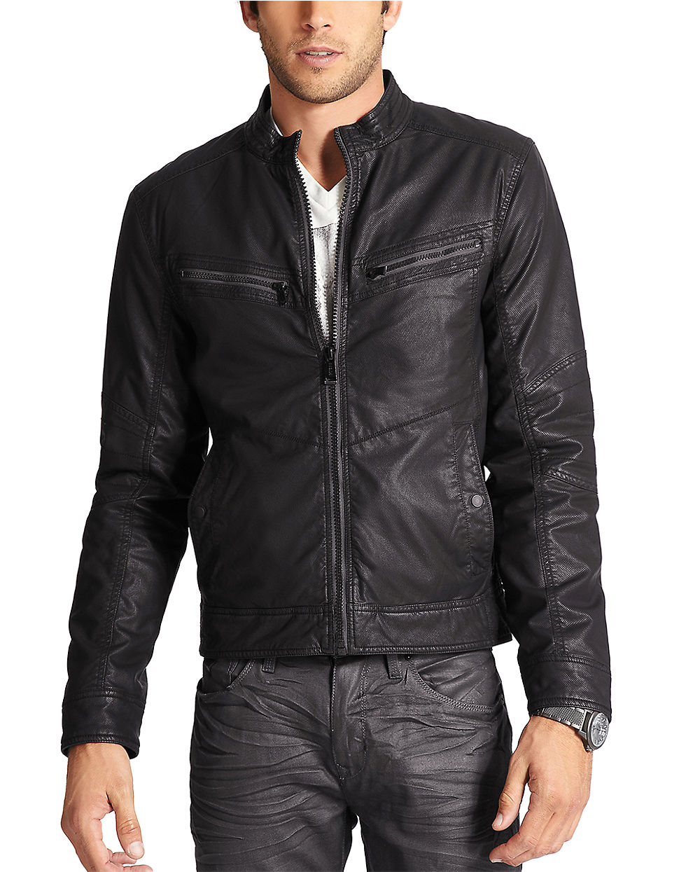 Guess Basketweave Textured Faux Leather Jacket in Black for Men (JET ...