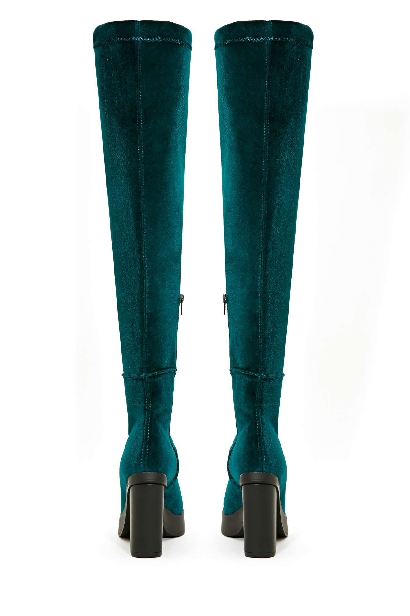 blue velvet thigh high boots