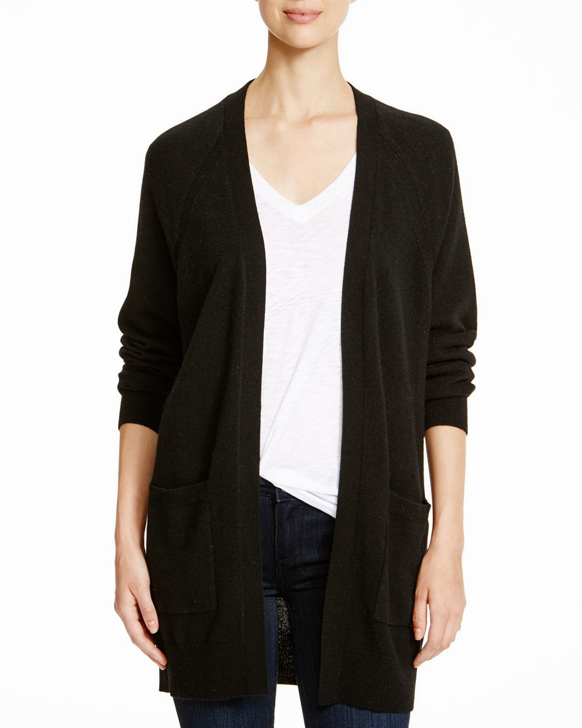 Aqua Cashmere Cashmere Moto Open Cardigan With Pockets in Black | Lyst