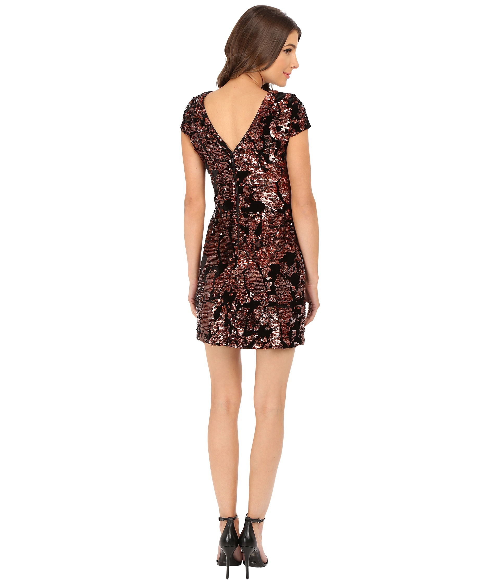 Lyst Vince Camuto Cap Sleeve Velvet Sheath Dress With Flexible Copper