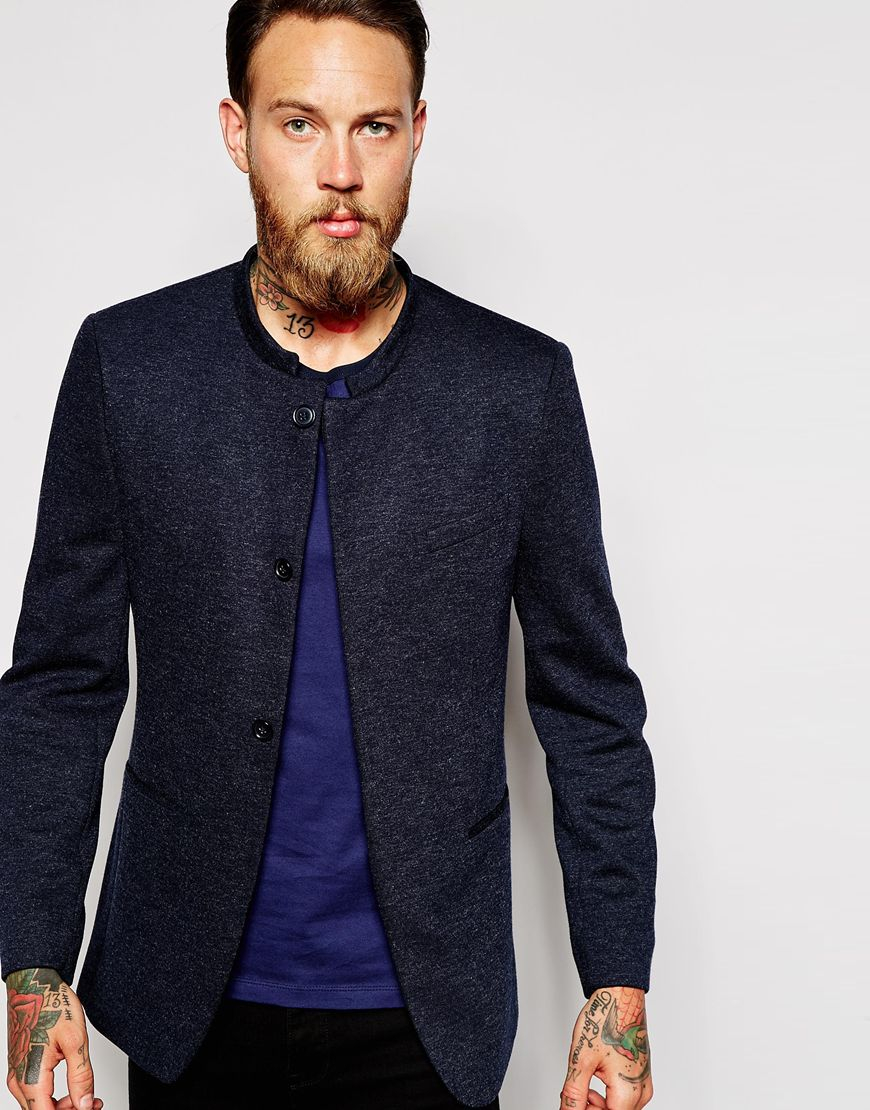 Asos Skinny Blazer In Jersey With Mandarin Collar in Blue for Men | Lyst