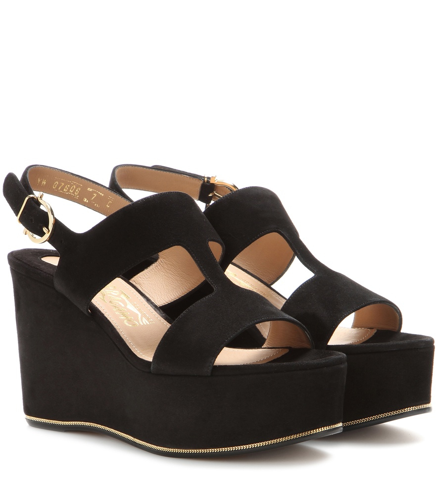 Ferragamo Flamma Suede Wedge Sandals in Black | Lyst