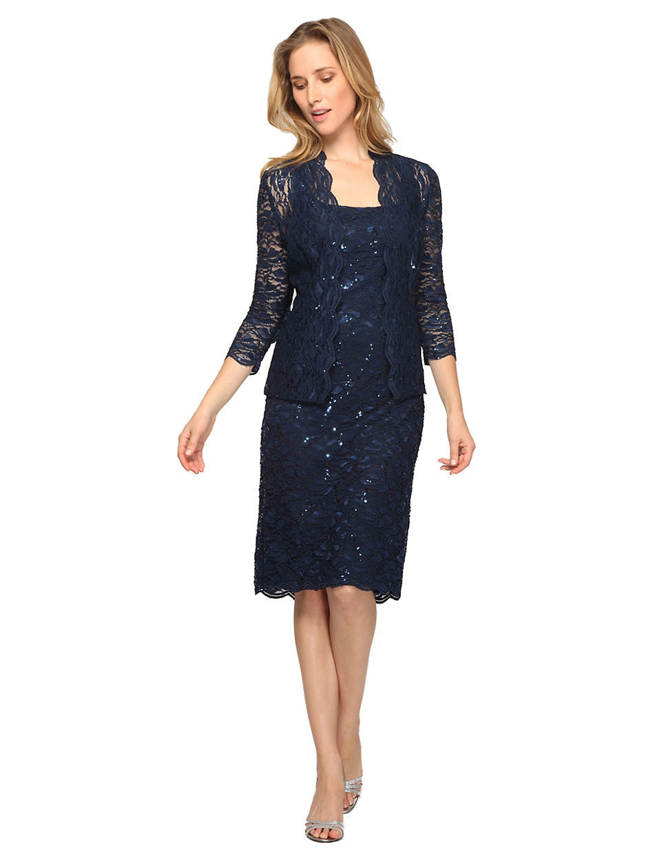 Alex Evenings Petite Sequined Lace Jacket And Dress Set In Blue Navy