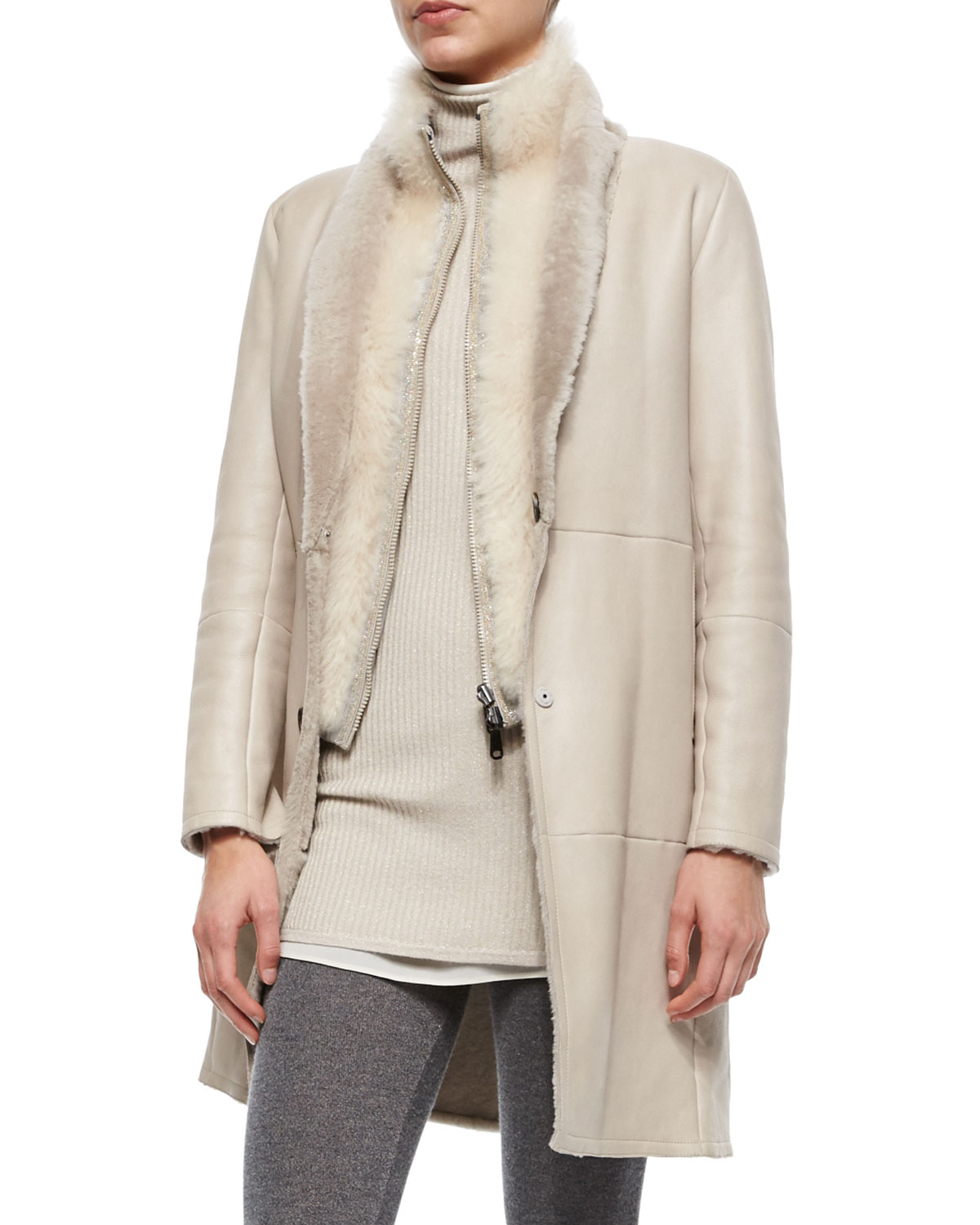Brunello cucinelli Reversible Shearling Coat W/ Fur Vest in Natural | Lyst