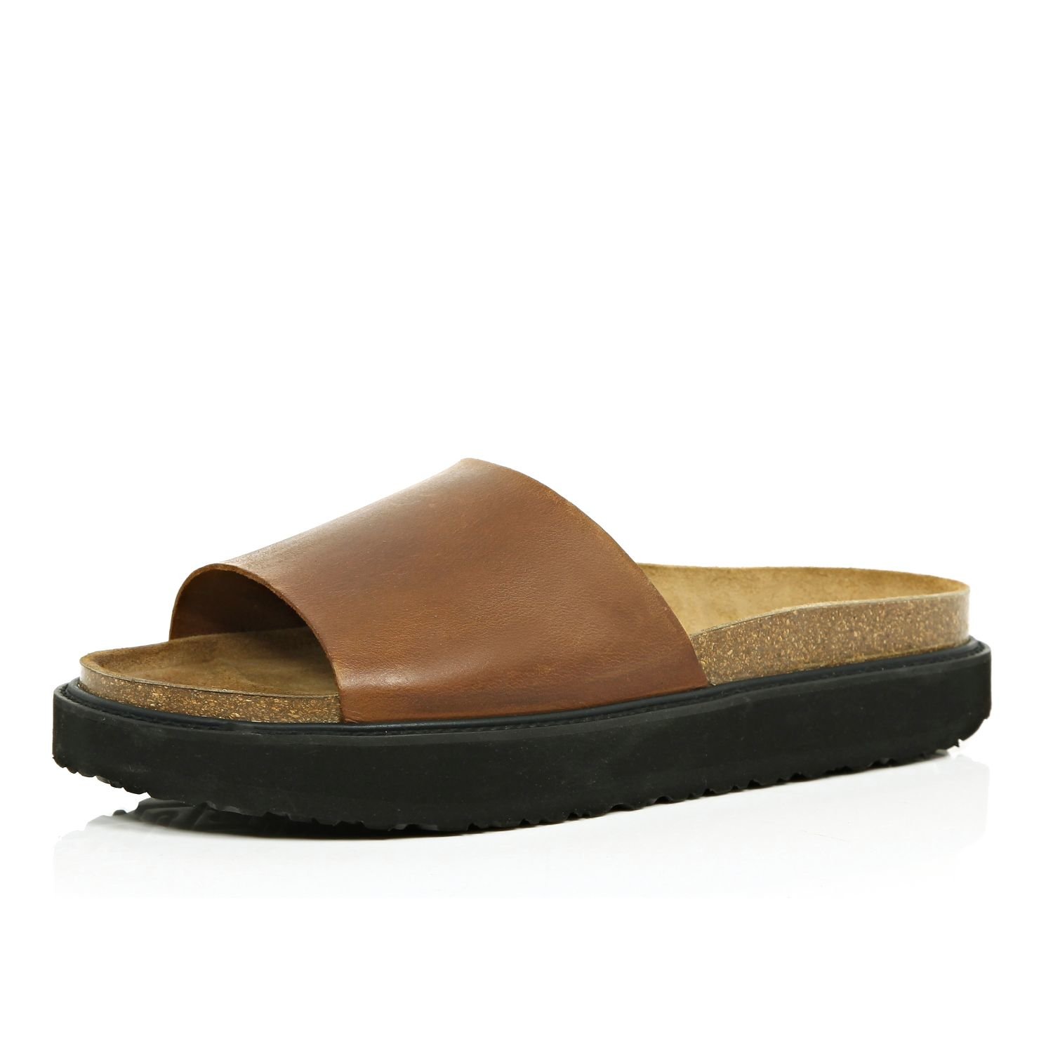 River Island Brown Leather Chunky Slide Sandals in Brown for Men - Lyst