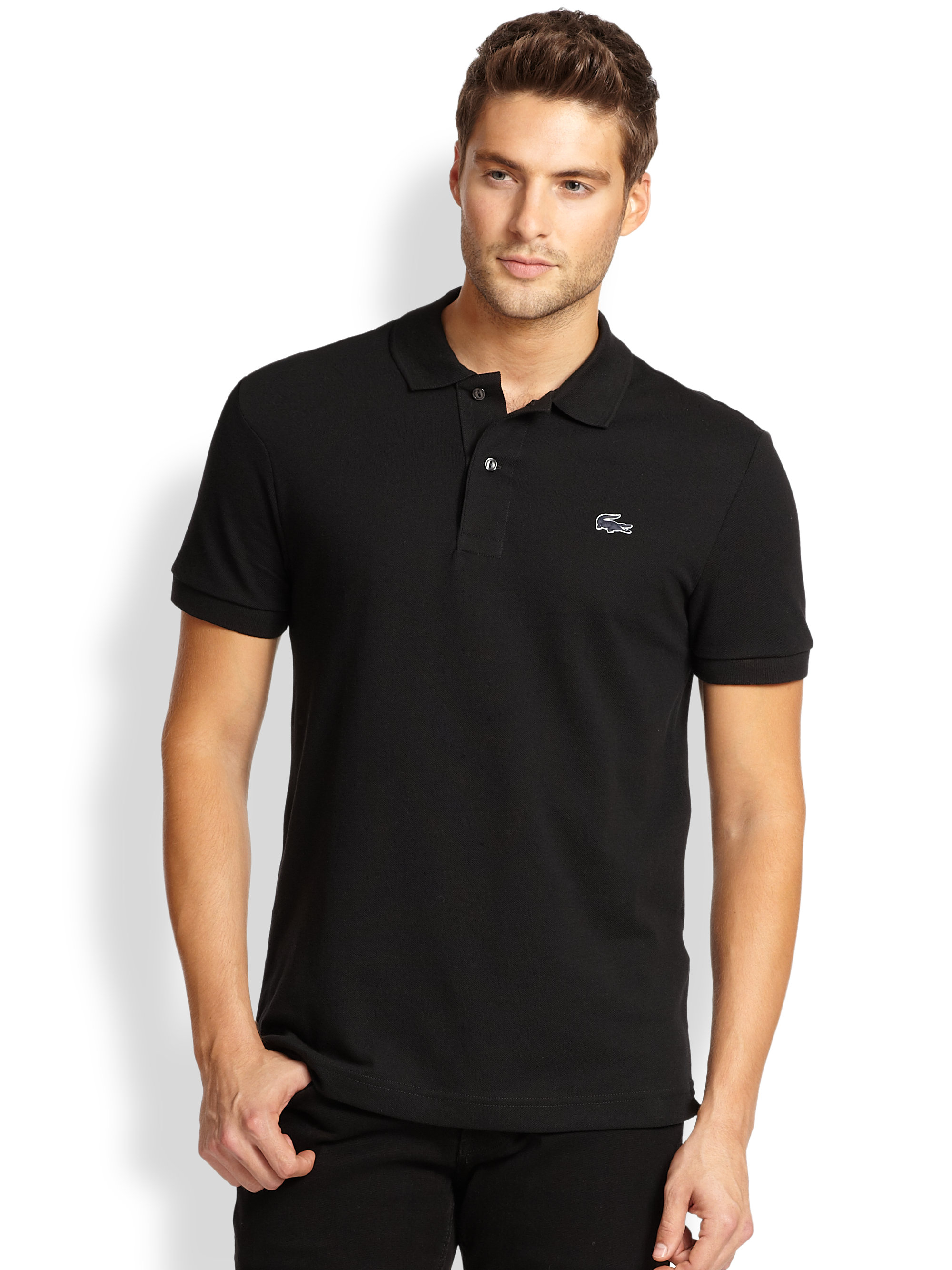 Lyst Lacoste  Piqu  Knit Rubber Logo Polo  in Black  for Men