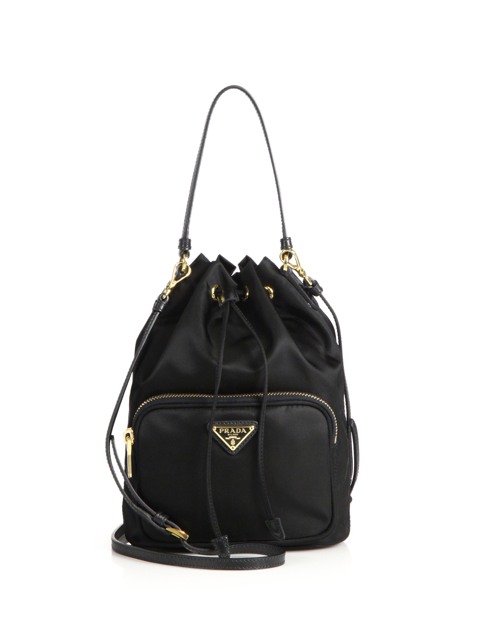 Prada Mini Nylon \u0026amp; Leather Bucket Bag in Black | Lyst  