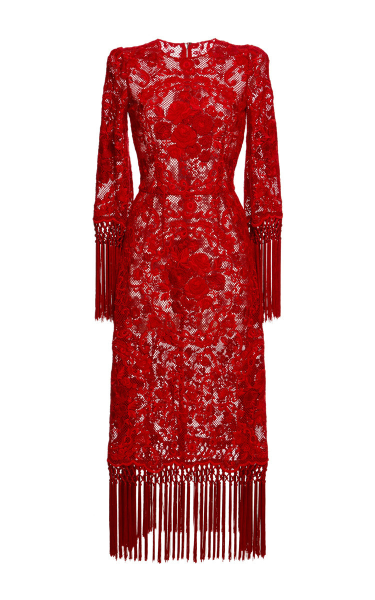 Lyst Dolce & Gabbana Rose Embroidered Netted Dress With Fringe Trim in Red