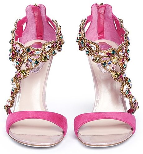 Rene Caovilla Asymmetric Strap Crystal Suede Sandals in Multicolor ...