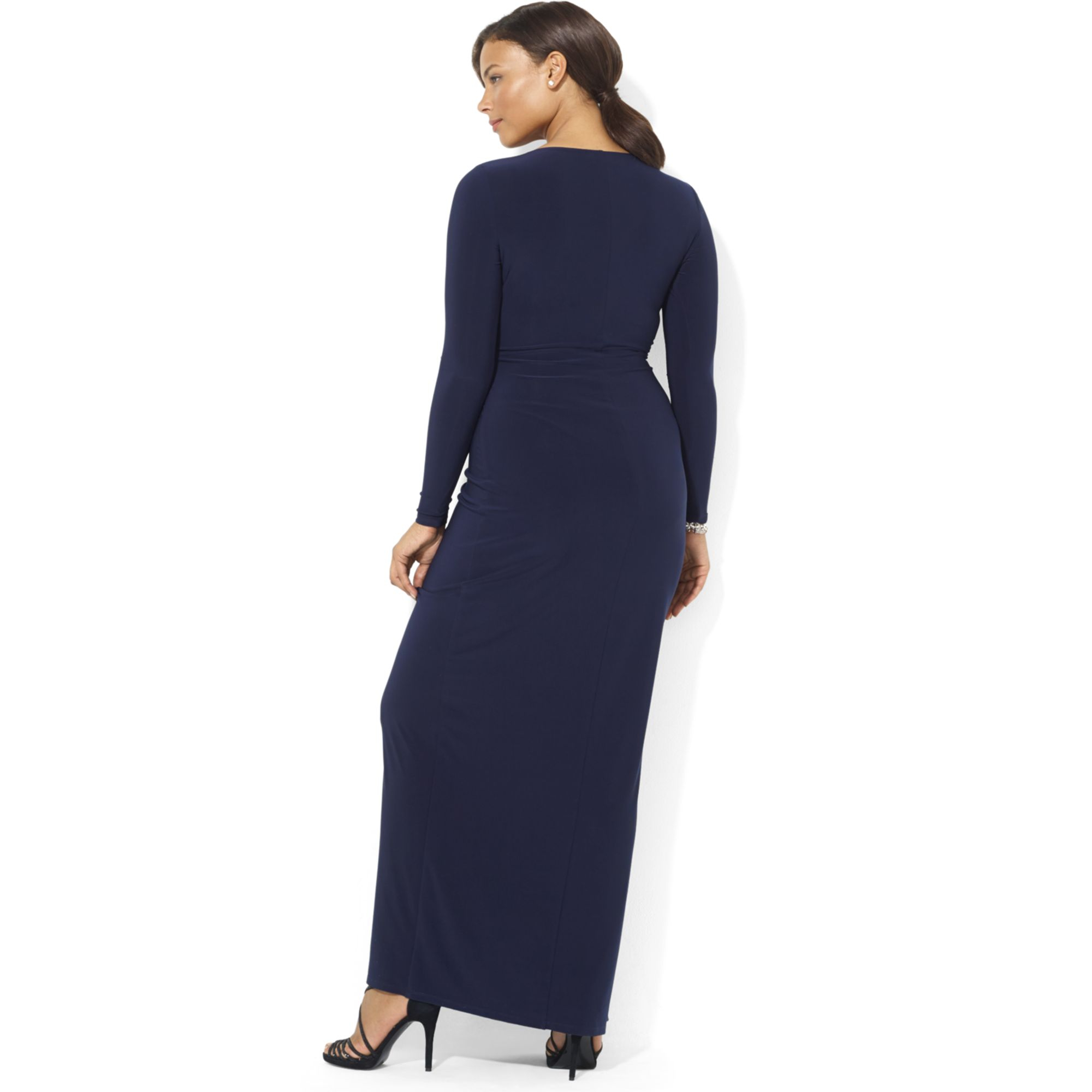 Lyst Lauren By Ralph Long Sleeve Jersey Gown With Brooch In Gallery