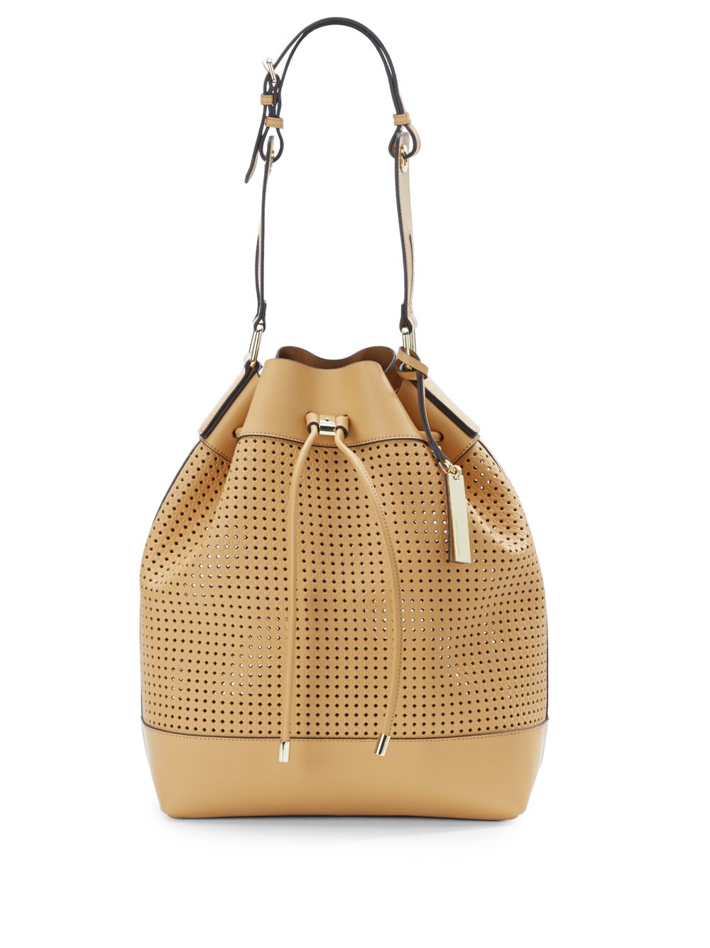 Vince Camuto Perforated Drawstring Leather Bucket Bag in Beige (toast ...