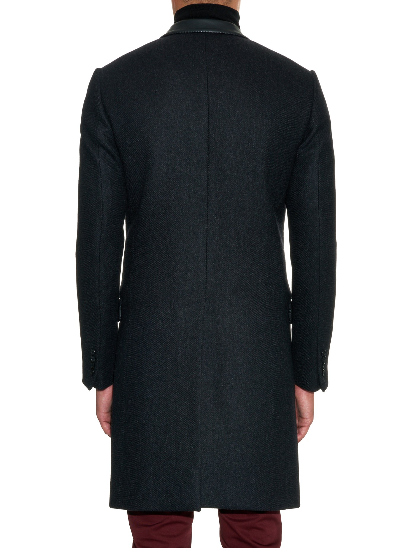 Lanvin Leather-collar Wool Overcoat in Black for Men - Lyst