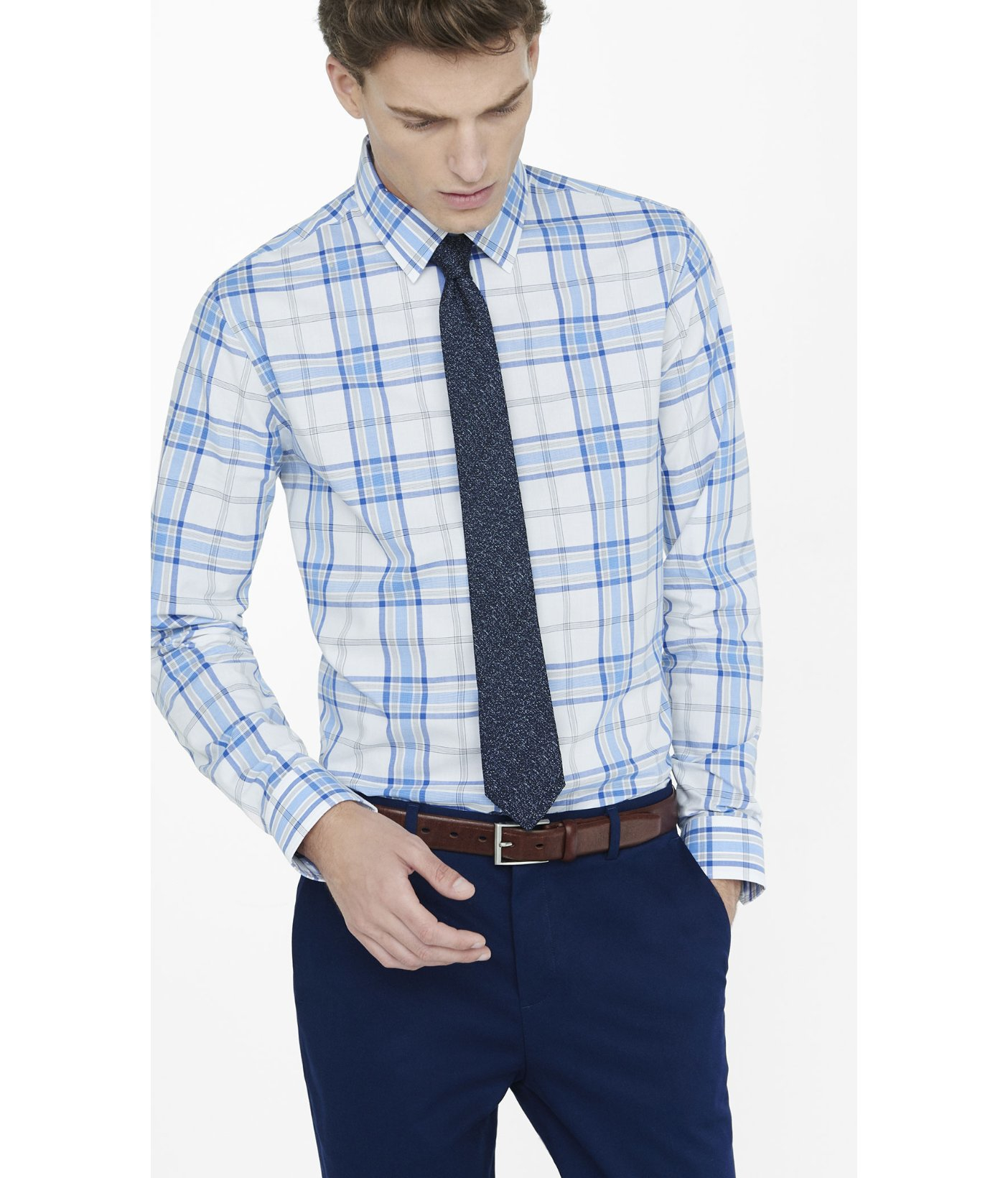 Lyst - Express Fitted Plaid Dress Shirt in Blue for Men