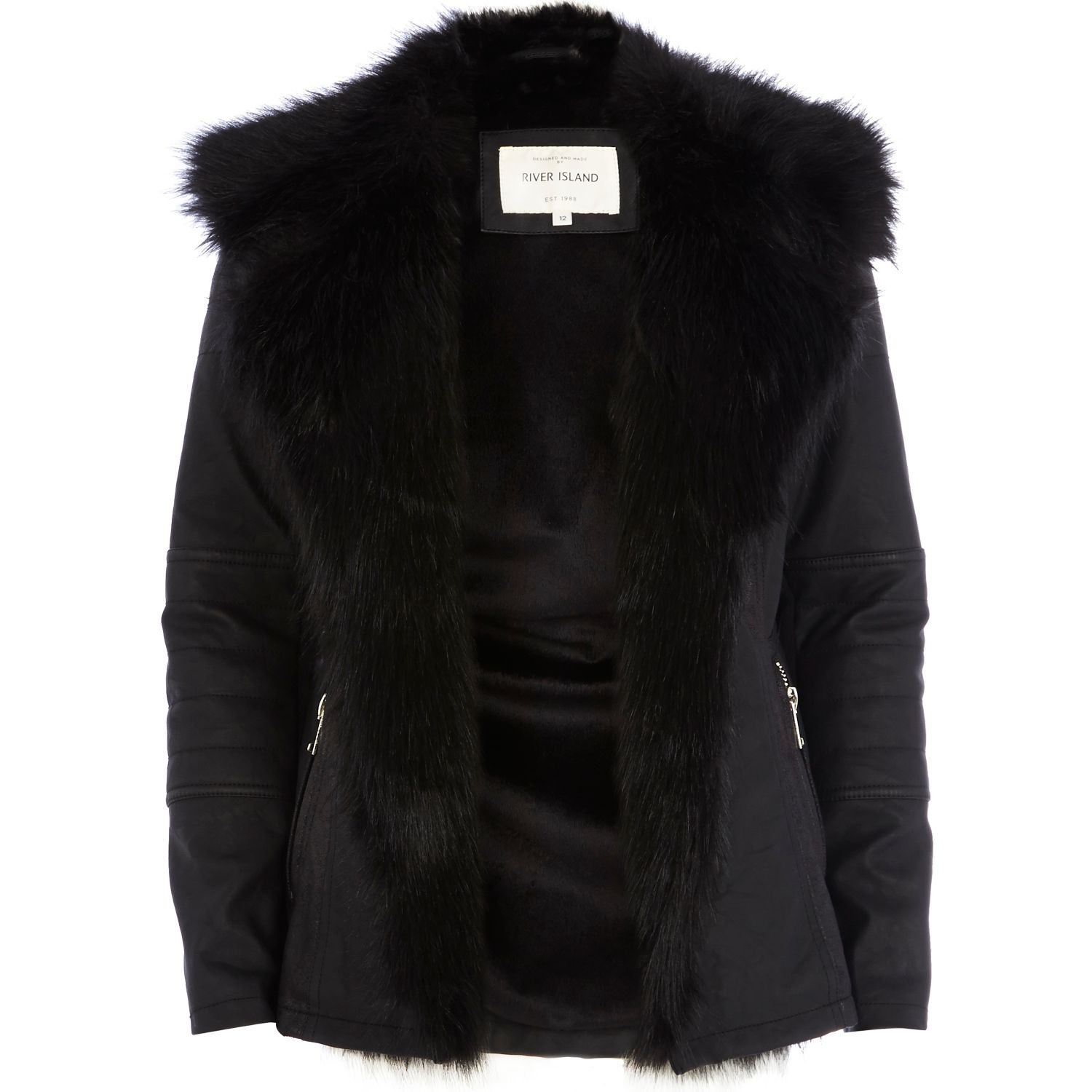 River Island Black Faux Fur Collar Leatherlook Jacket in Black | Lyst