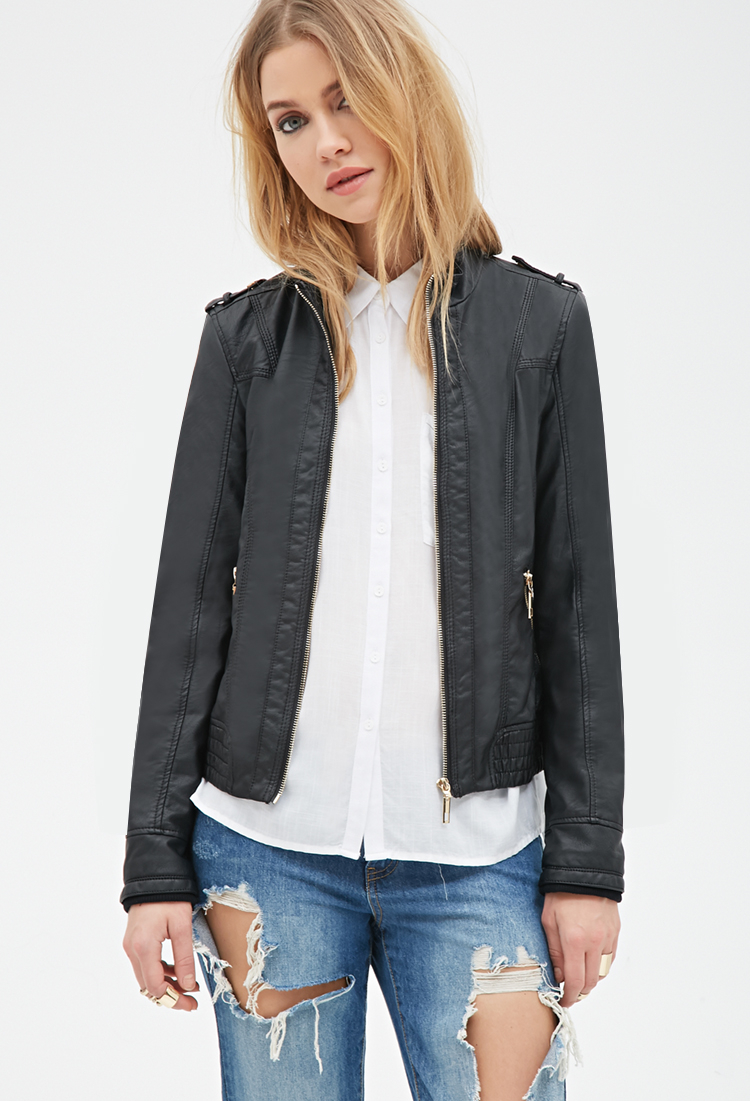 Lyst Forever 21 Collarless Faux Leather Moto Jacket In Black Gallery Women S Collarless Jackets Leather