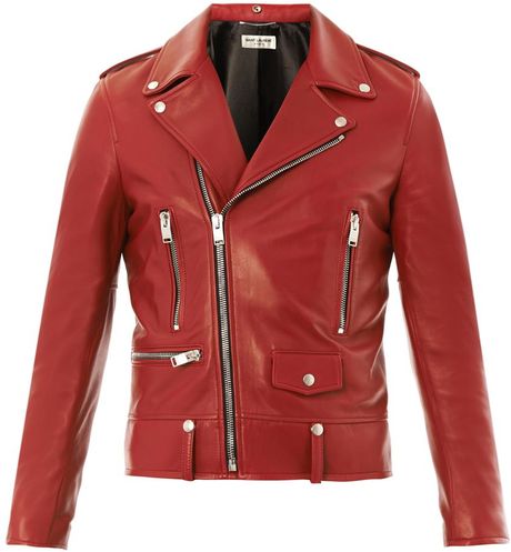 Saint Laurent Leather Motorcycle Jacket in Red for Men | Lyst