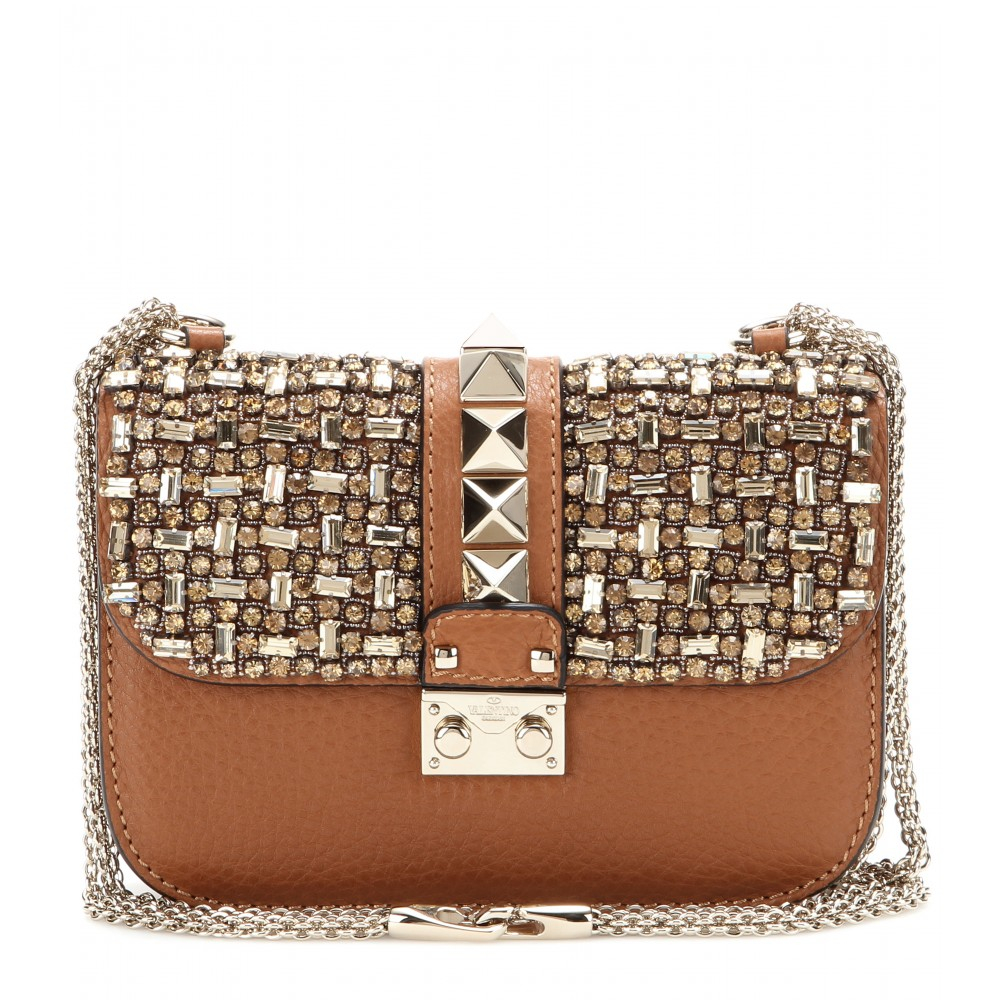 Valentino Lock Small Embellished Leather Shoulder Bag in Gray (brown ...