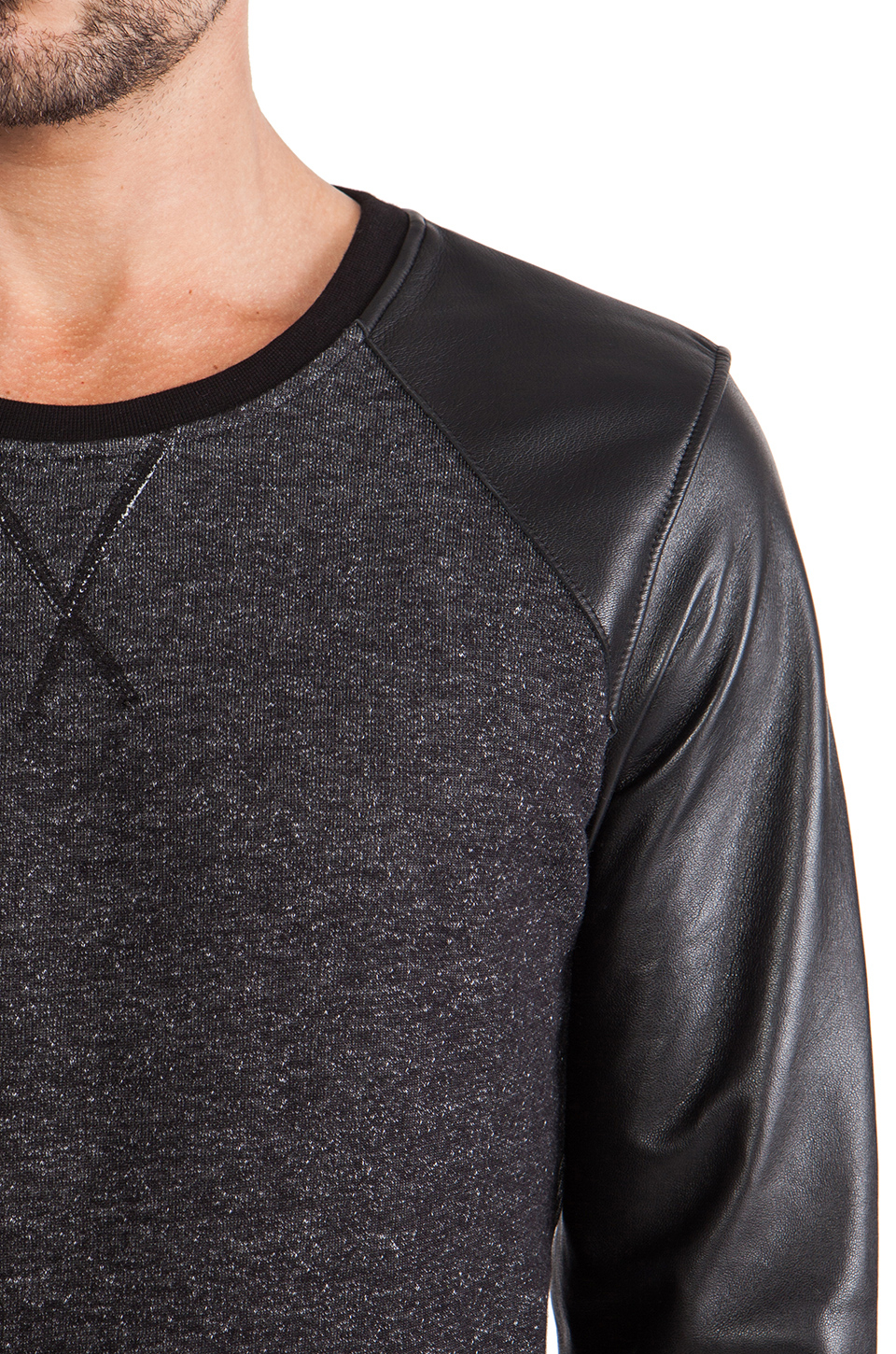 Lyst Lot78 Leather Sleeve Sweatshirt in Black for Men
