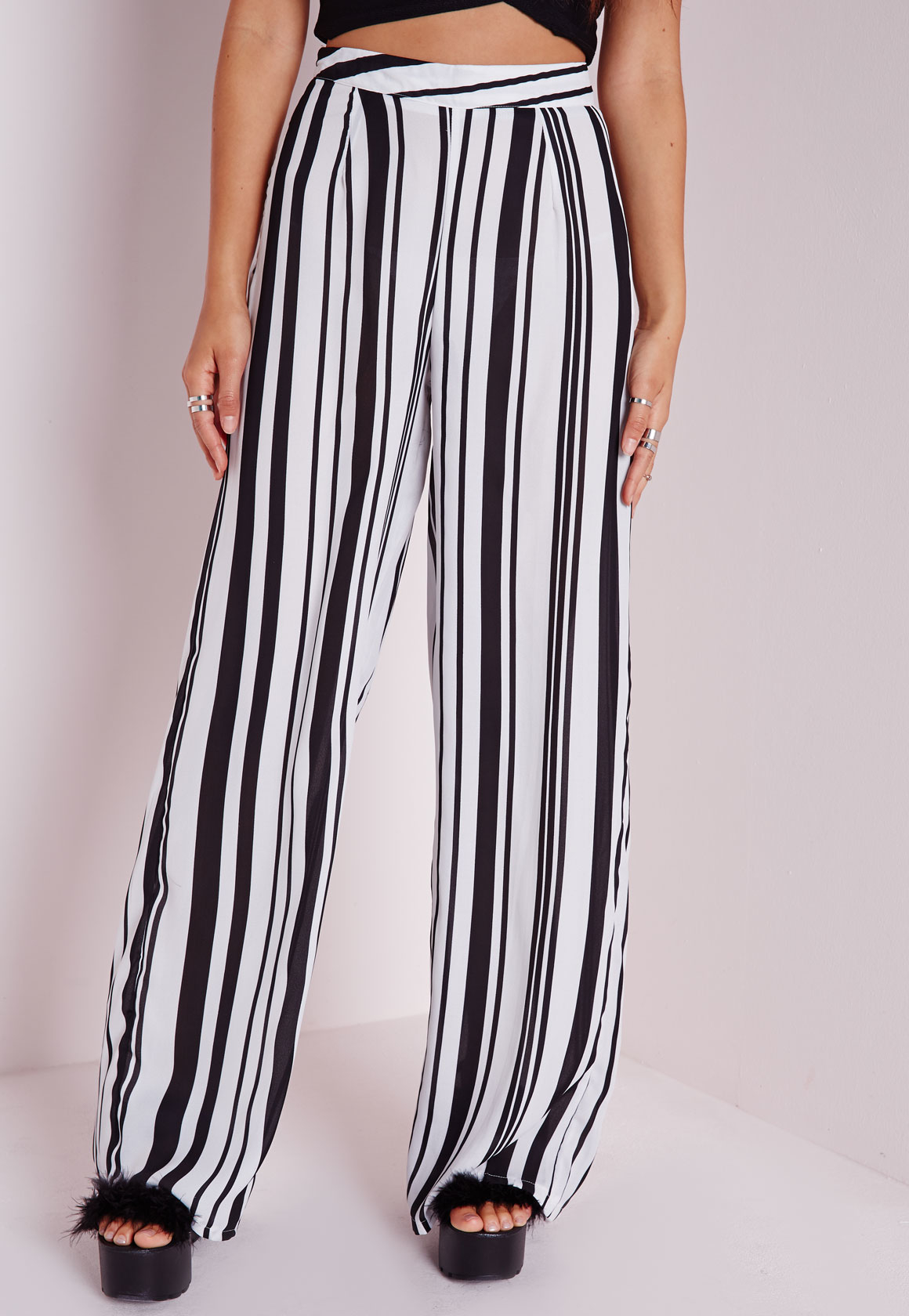 Lyst - Missguided Tall Striped Wide Leg Pants Monochrome in Black