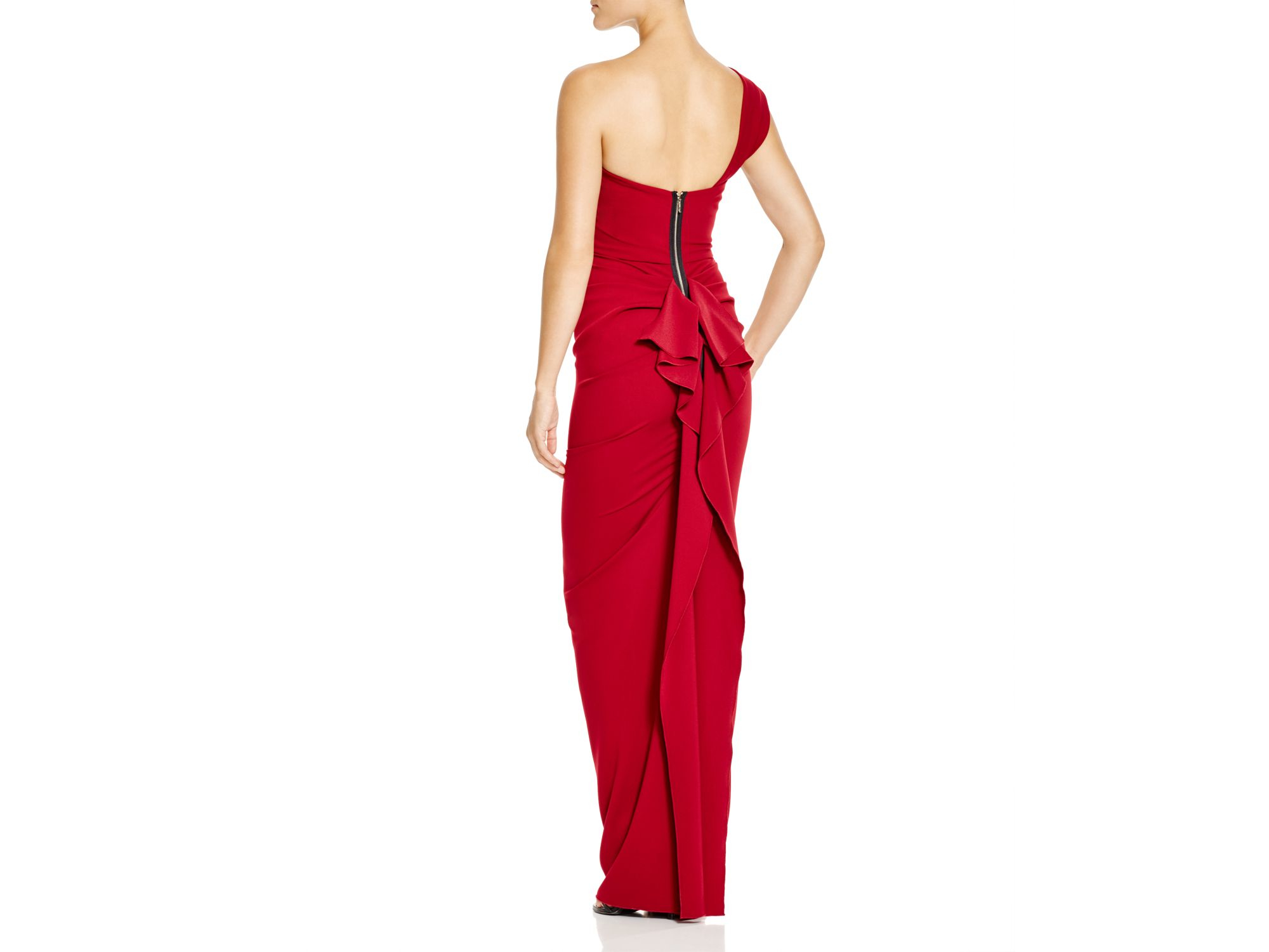 nicole bakti strapless ruffle back gown