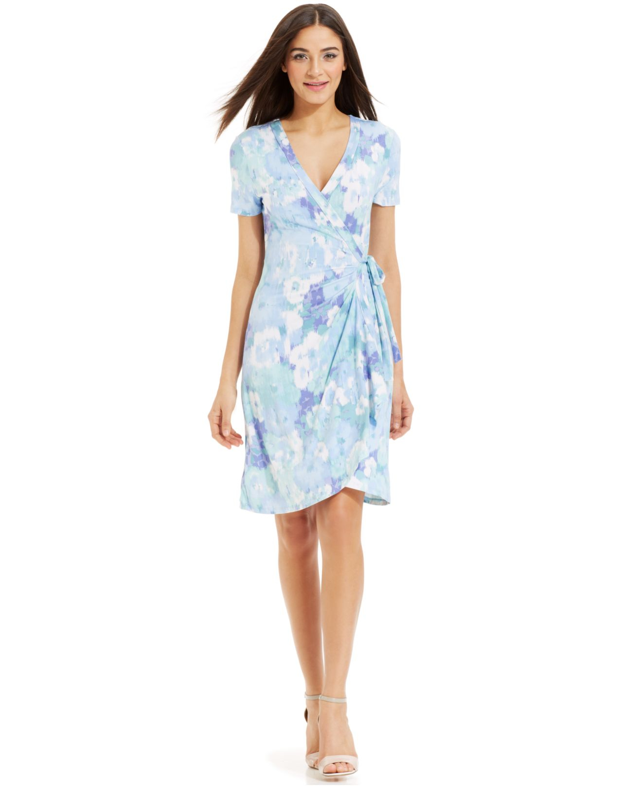 Miraclesuit Short-Sleeve Floral-Print Wrap Dress in Blue | Lyst