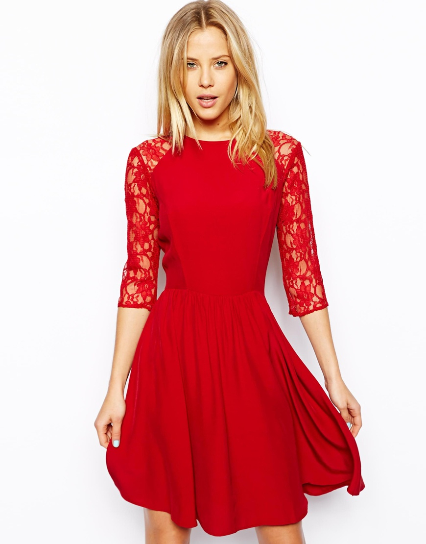 Lyst - Asos Skater Dress With Lace Sleeves in Red