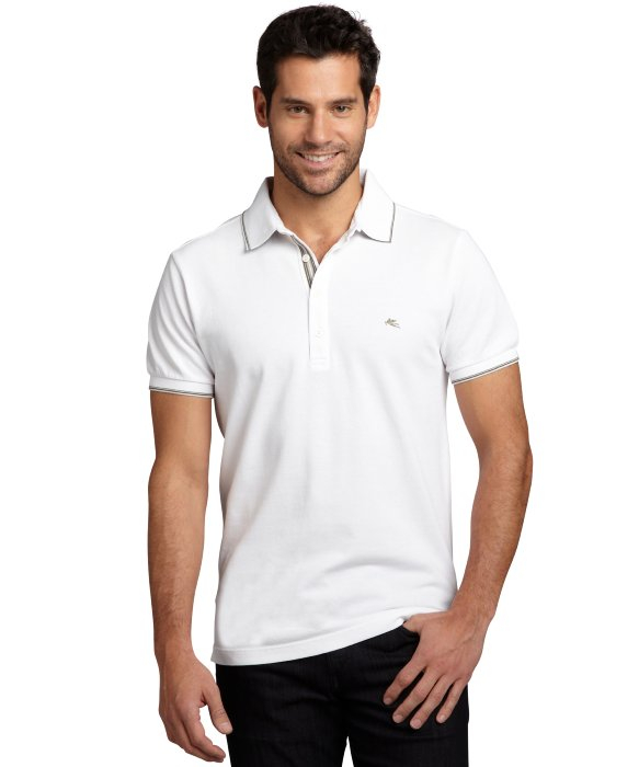 Lyst - Etro White Cotton Pique Striped Collar Polo Shirt in White for Men
