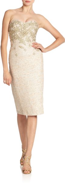 Badgley Mischka Boucle Strapless Dress in Beige (BLUSH GOLD) | Lyst