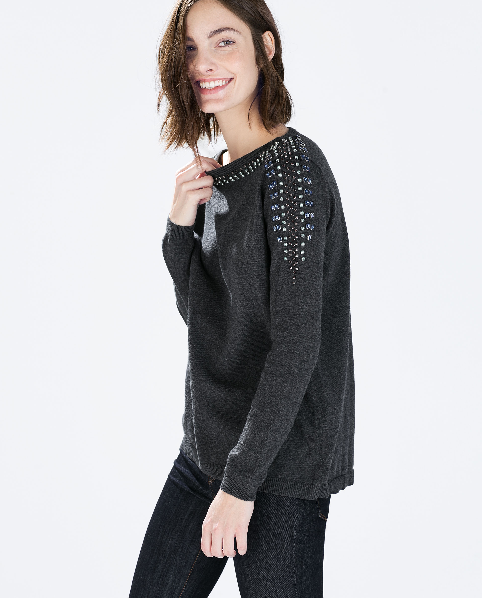 Zara Sweater With Embellished Shoulders In Gray | Lyst