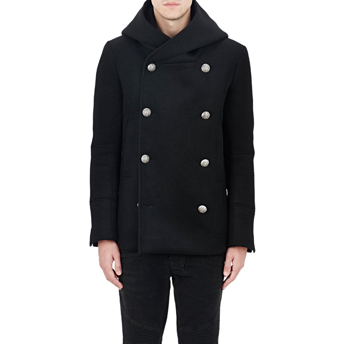 Lyst - Balmain Hooded Double-breasted Peacoat in Black for Men