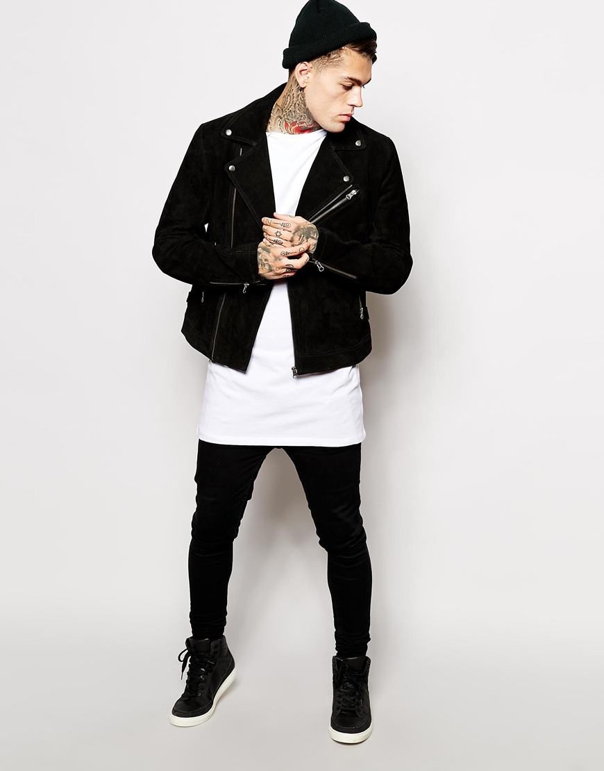 Lyst Asos Suede Biker Jacket in Black for Men