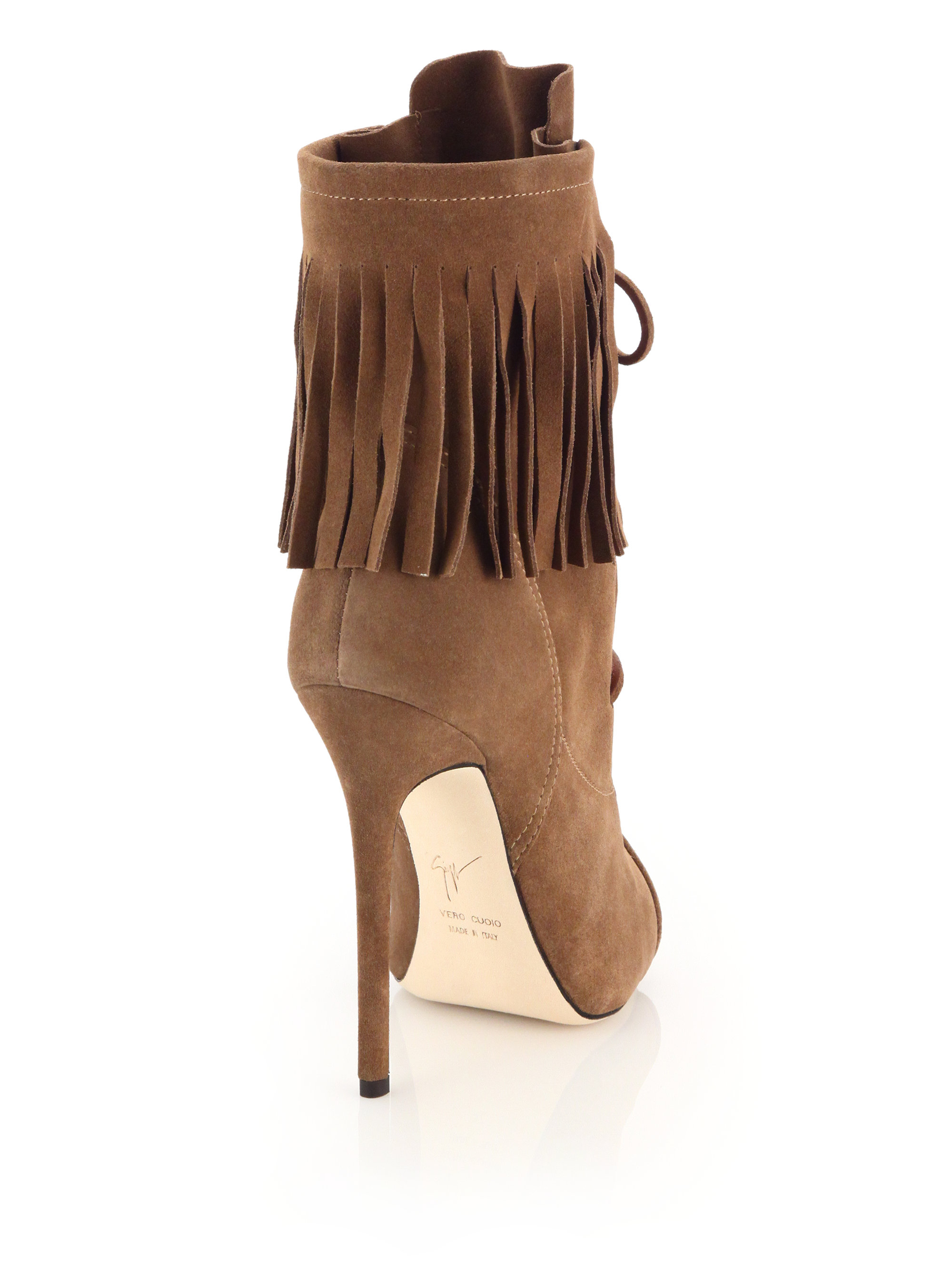 Lyst - Giuseppe Zanotti Fringed Suede Lace-up Peep-toe Booties in Brown