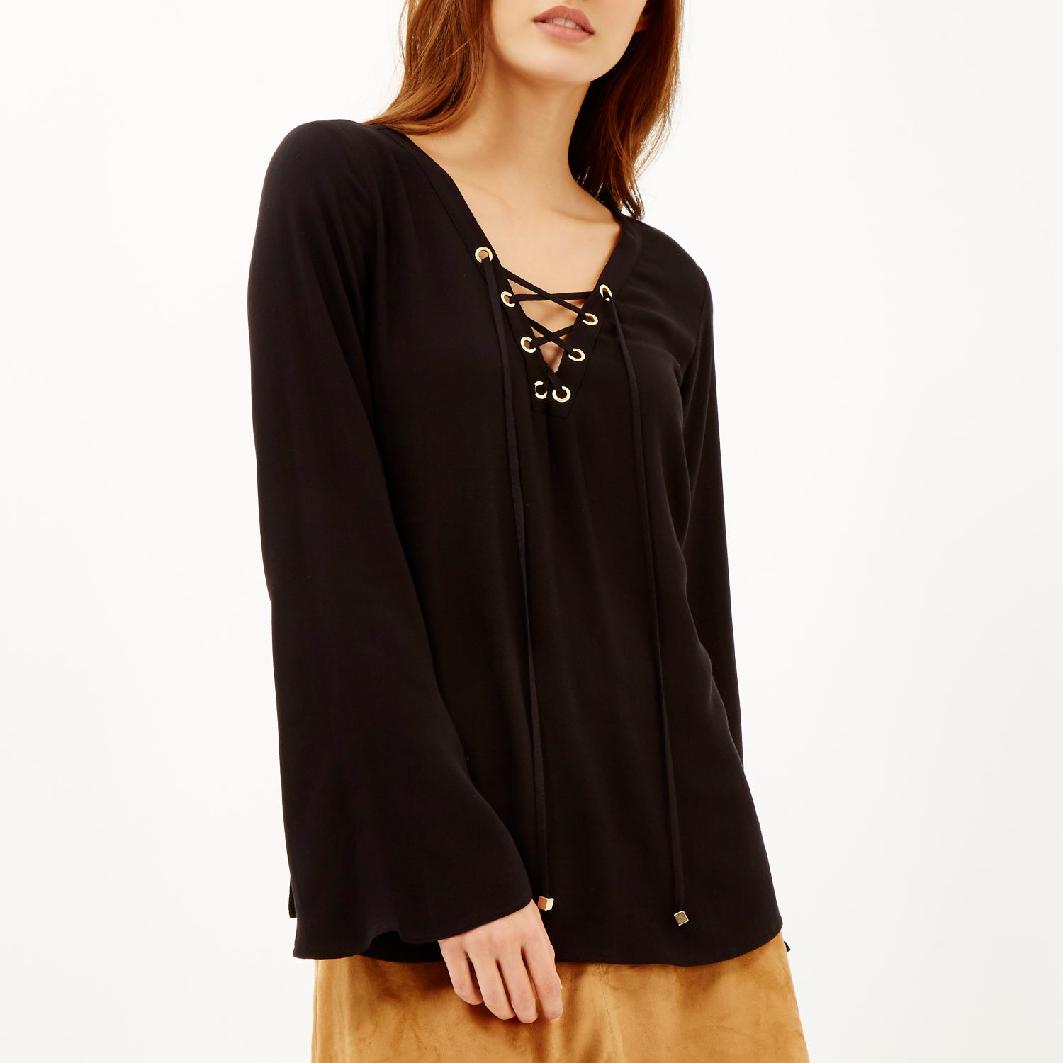 River Island Black Lace Up Eyelet Long Sleeve Top in Black - Lyst