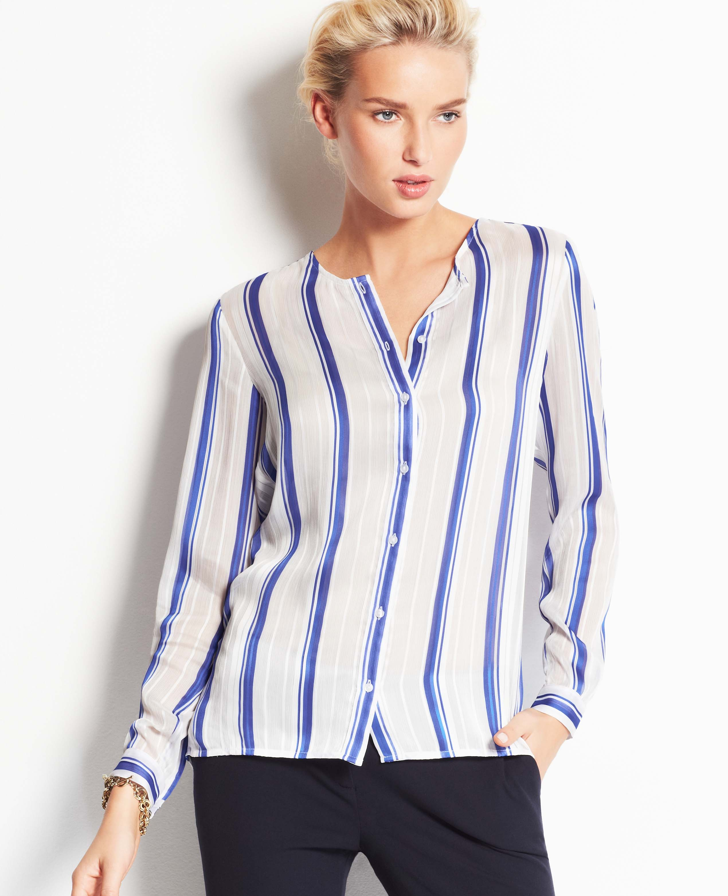 Ann taylor Striped Crossover Back Blouse in Blue | Lyst