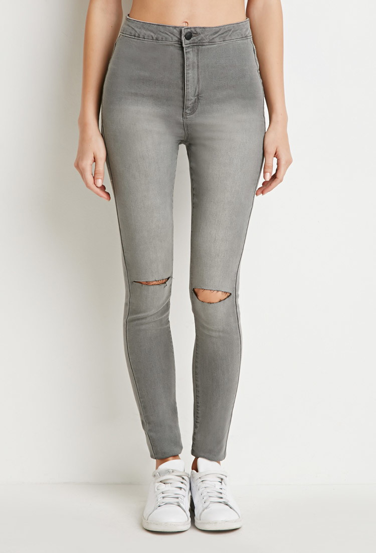 Forever 21 Ripped Skinny Jeans in Gray (Grey) | Lyst