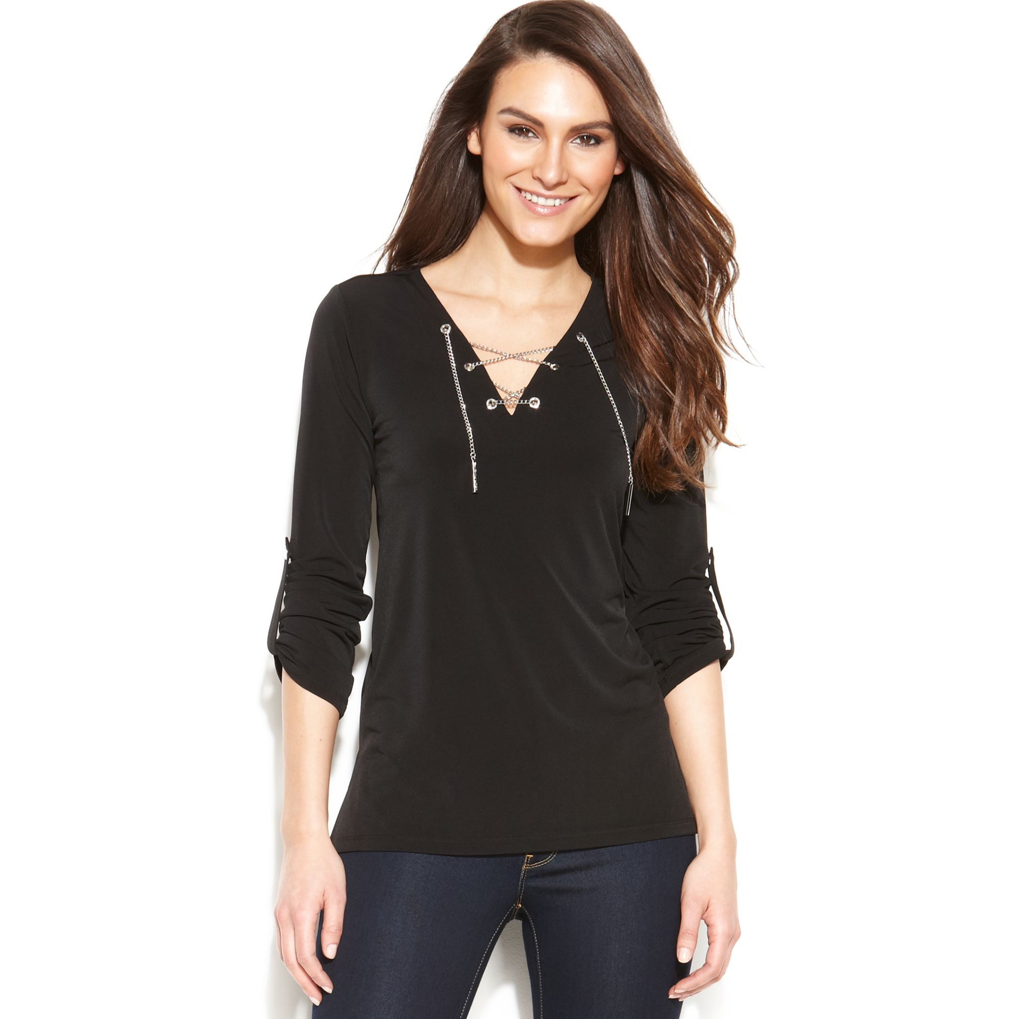 Lyst - Michael kors Michael Petite Three Quarter Sleeve Laceup Tunic in ...