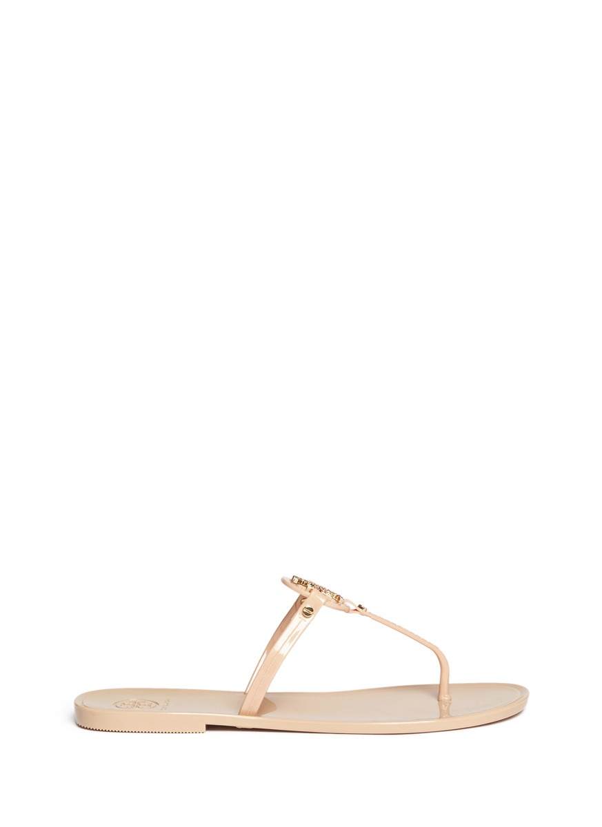 Lyst - Tory Burch 'Mini Miller' Crystal Logo Jelly Thong Sandals in Natural