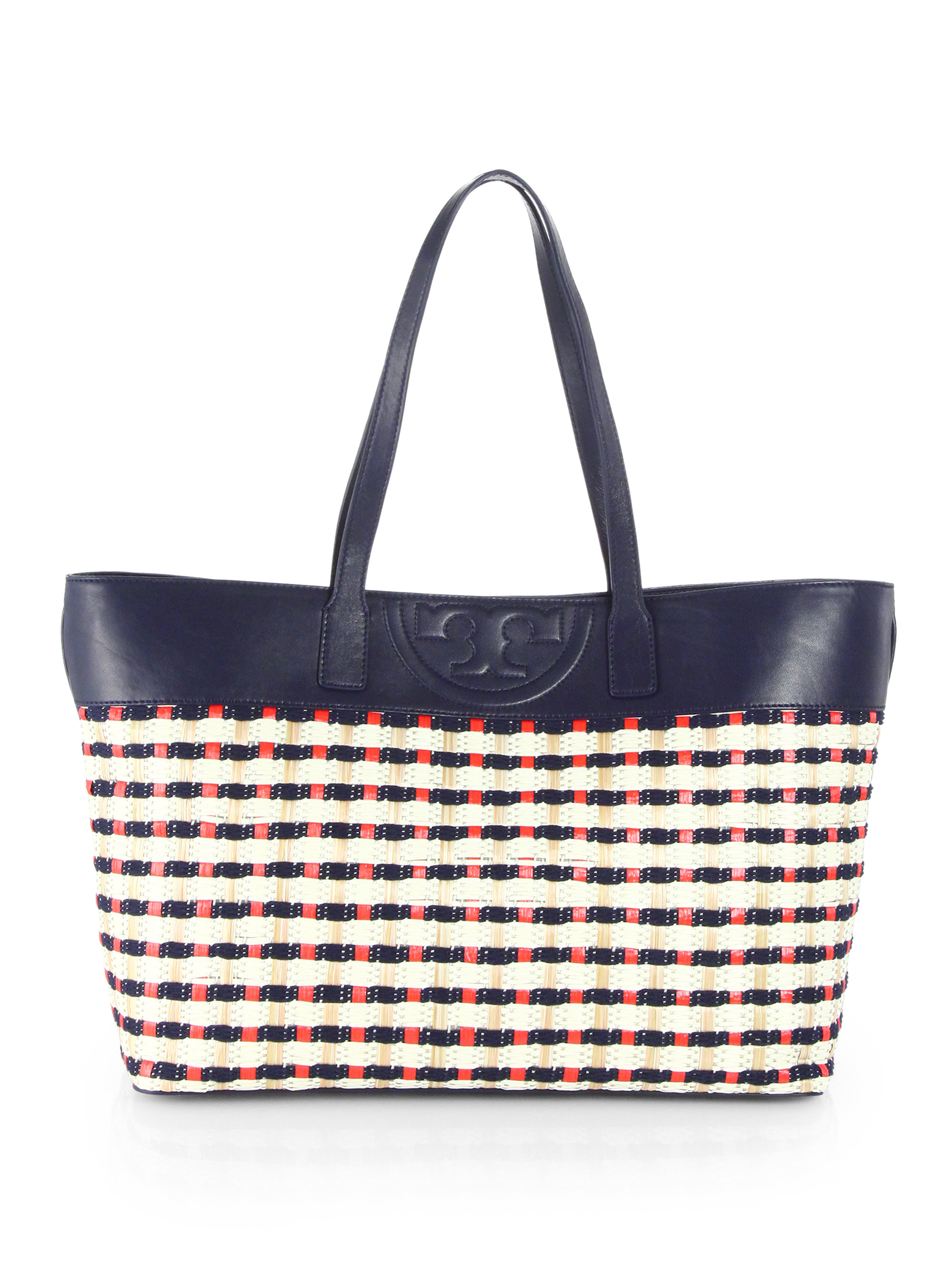 Tory Burch Woven Straw East-west Tote Bag in Blue (NAVY/RED) | Lyst