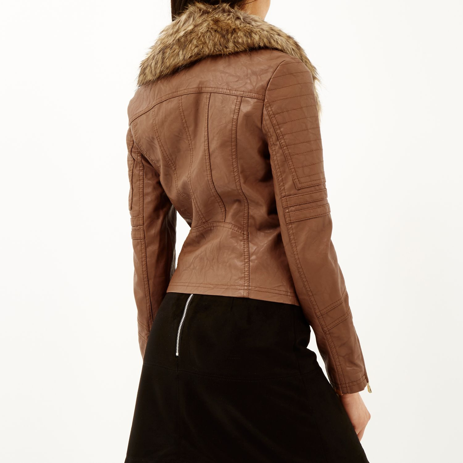 Lyst River Island Brown Leather Look Faux Fur Biker Jacket In River Island Brown Leather Look Faux Fur Biker Jacket Lyst