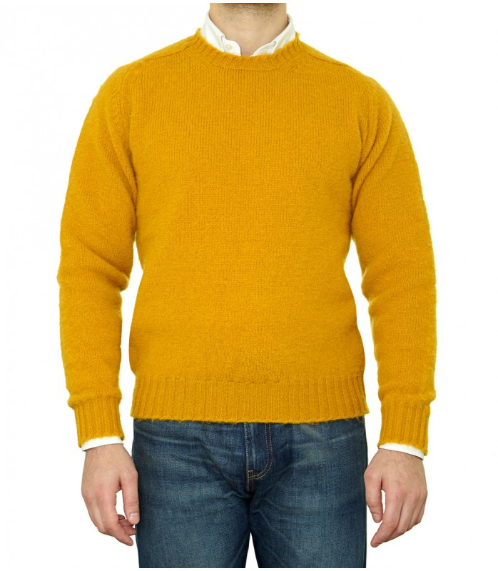 Drake's Mustard Yellow Brushed Shetland Wool Crew Neck Sweater in