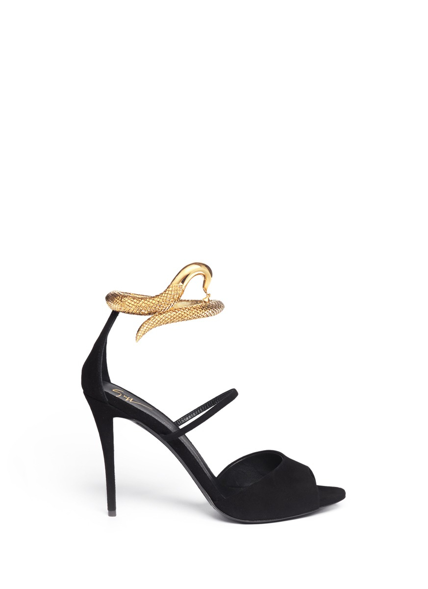 giuseppe zanotti black suede snake strap sandals