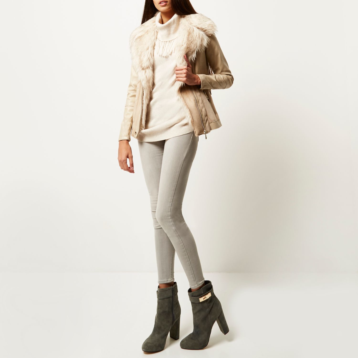 River Island Cream Leather Look Fitted Biker Jacket In Natural Lyst Gallery
