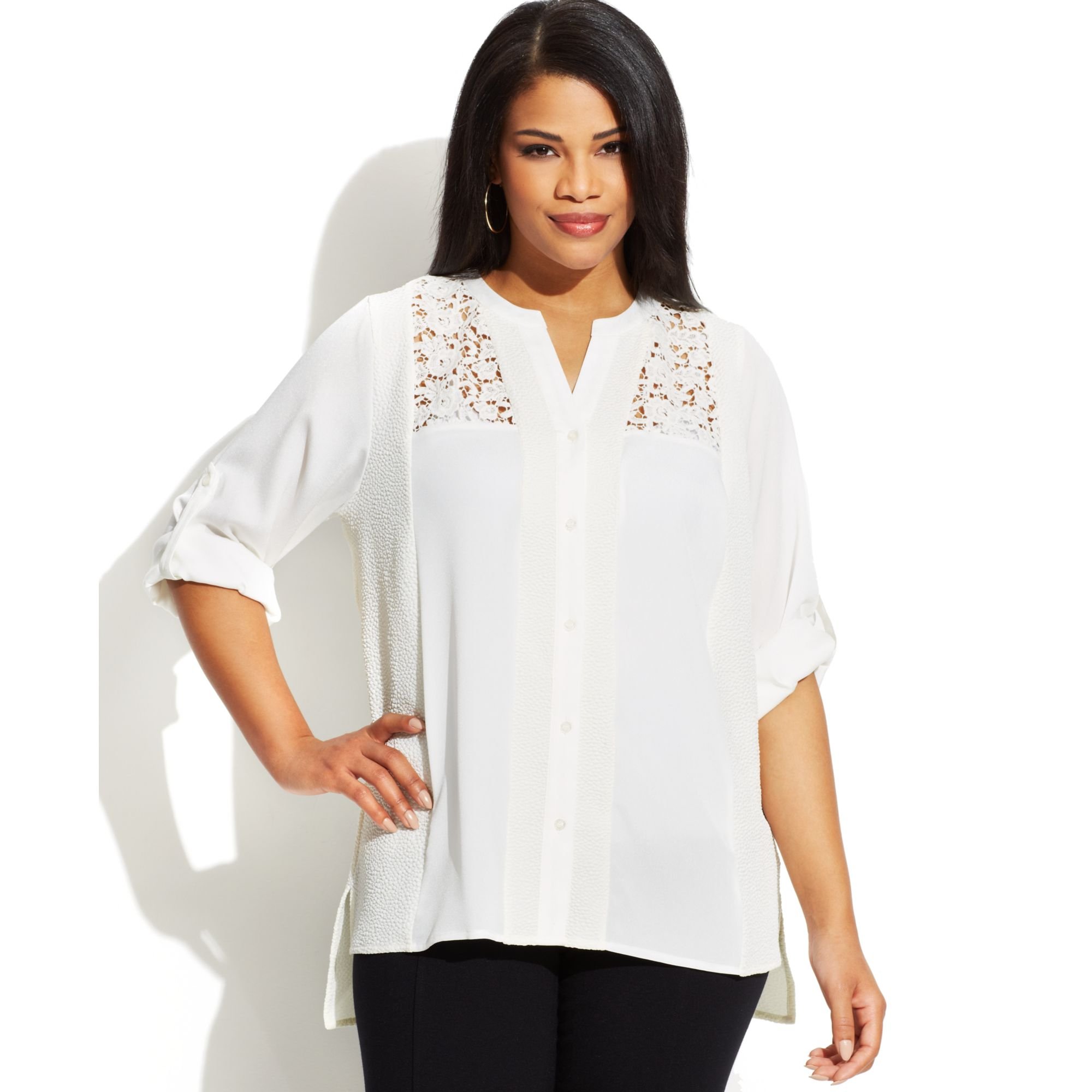 Calvin Klein Plus Size Threequartersleeve Lace Blouse in White - Lyst