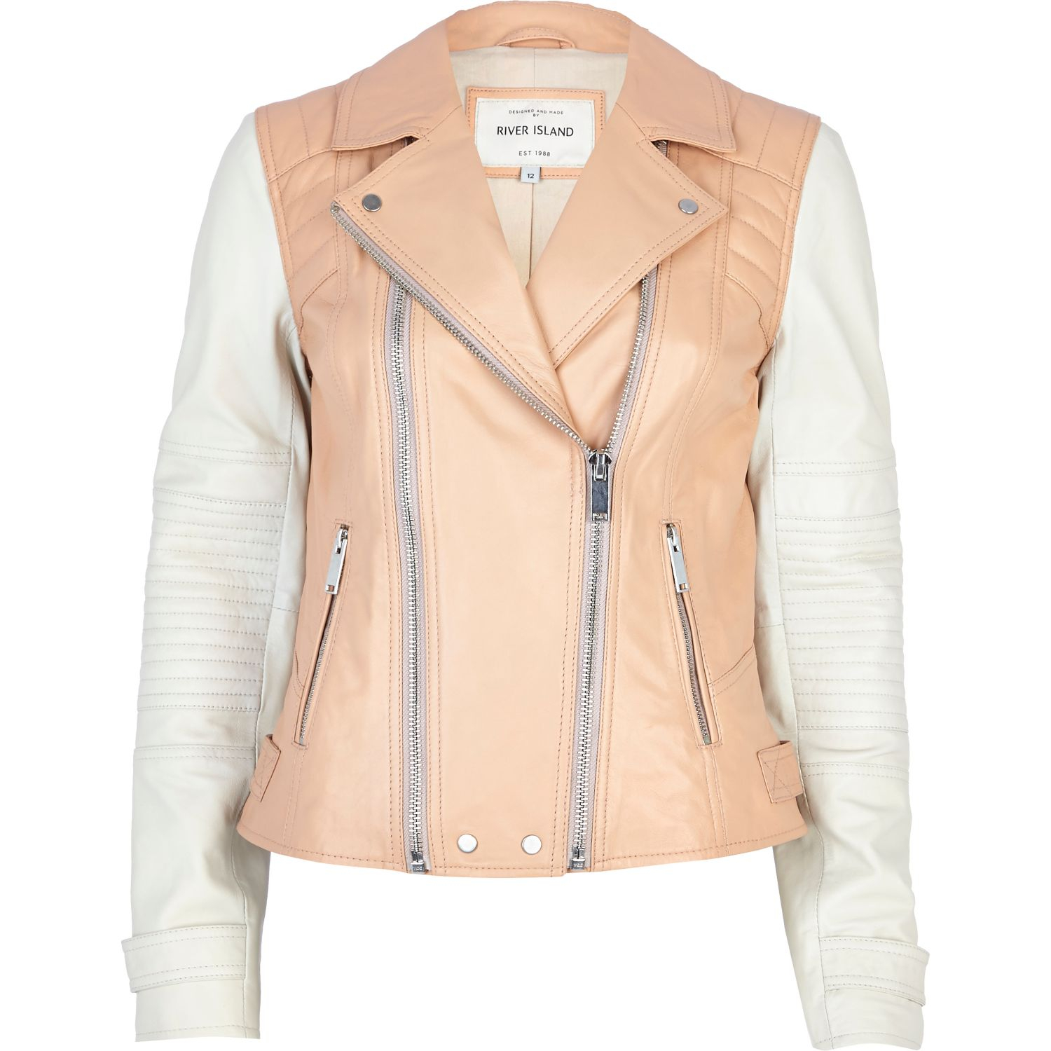 River Island Pale C Colour Block Leather Biker Jacket In Pink Lyst Gallery