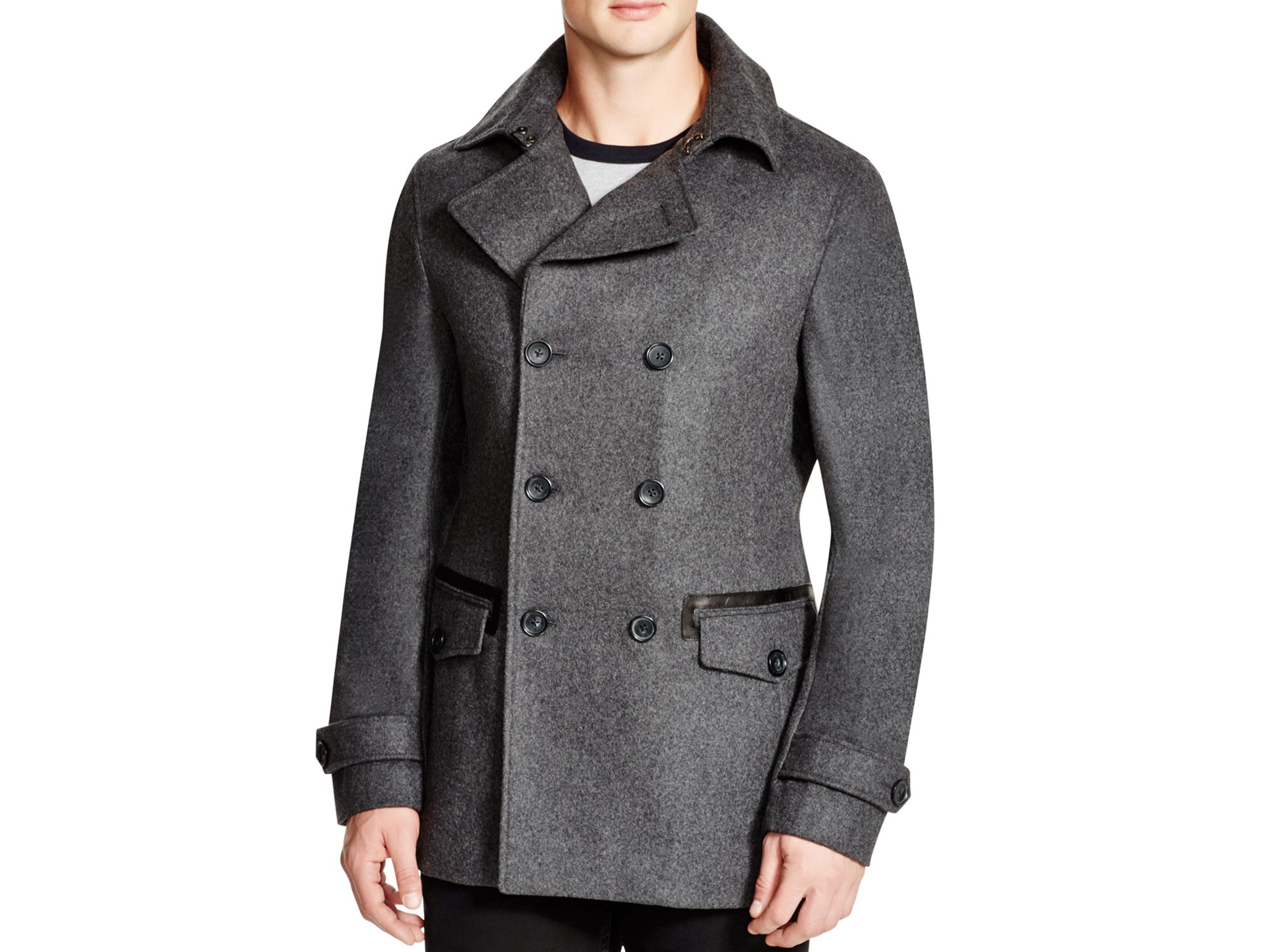 Lyst - Michael Kors Leather Trim Peacoat in Gray for Men