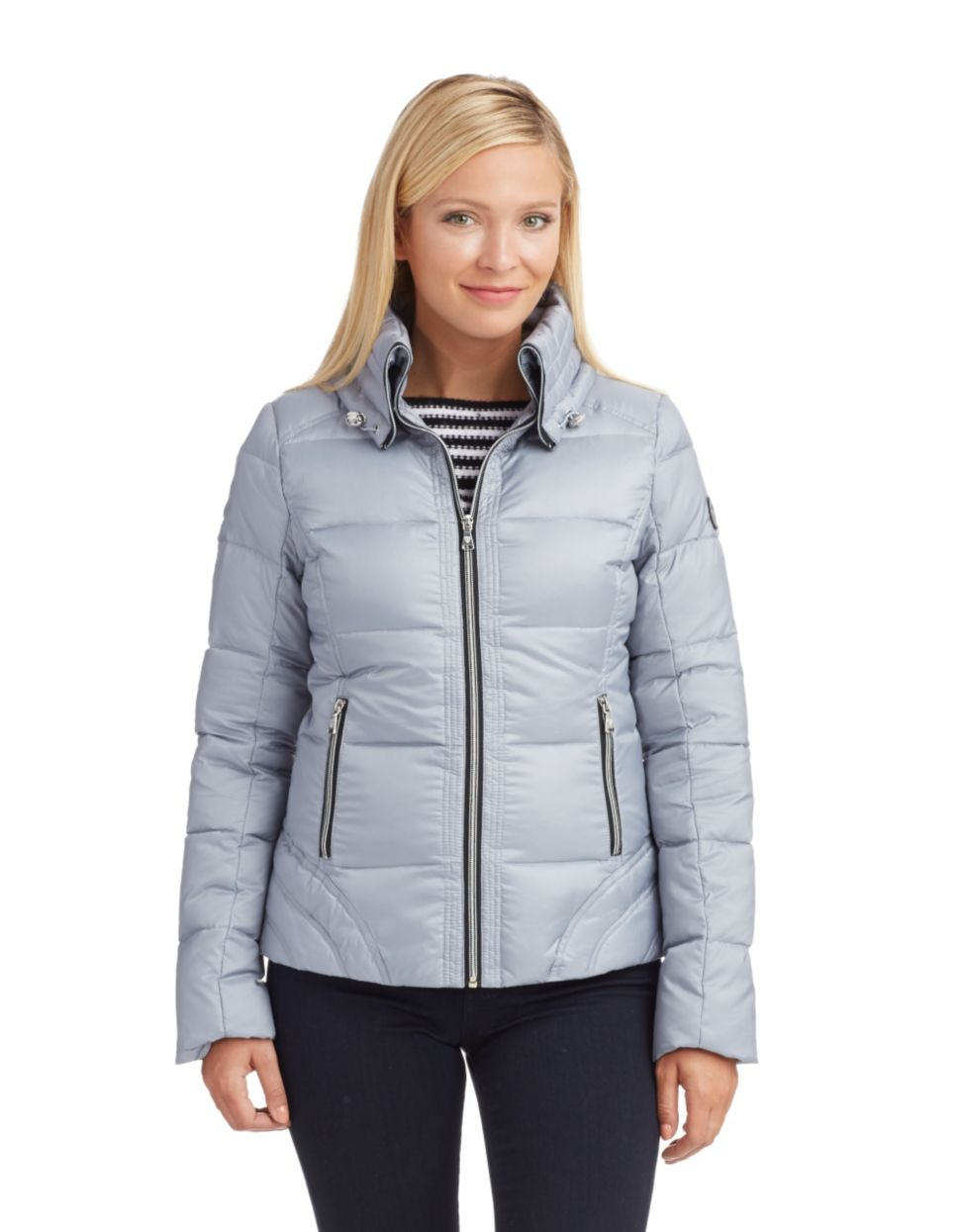 Guess Zipper Front Down Jacket in Silver | Lyst