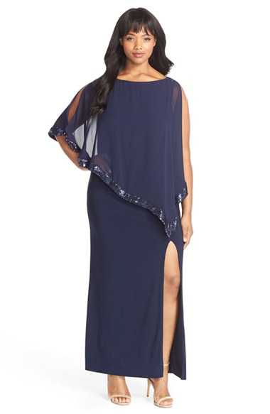 Xscape Jersey Gown With Sequin Trim Chiffon Overlay in Blue (LOVELY ...