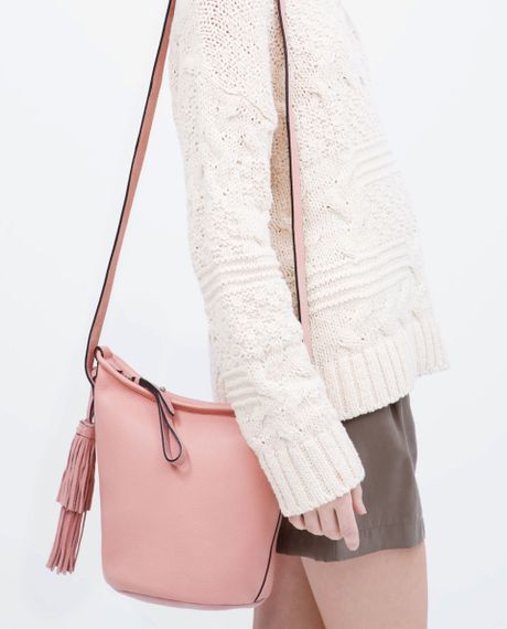 Zara Leather Bucket Bag With Tassel in Pink (Light Pink)